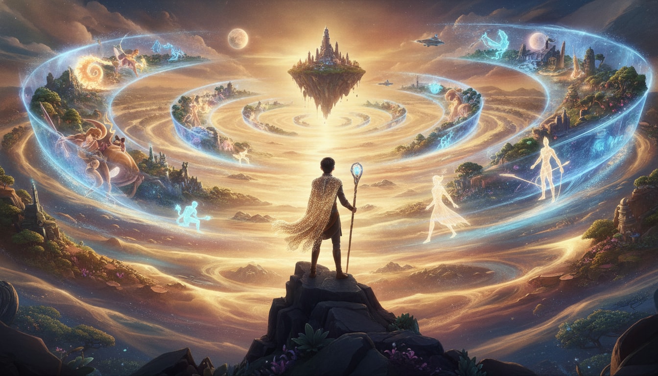 A storyteller standing before a vast glowing world of their own creation